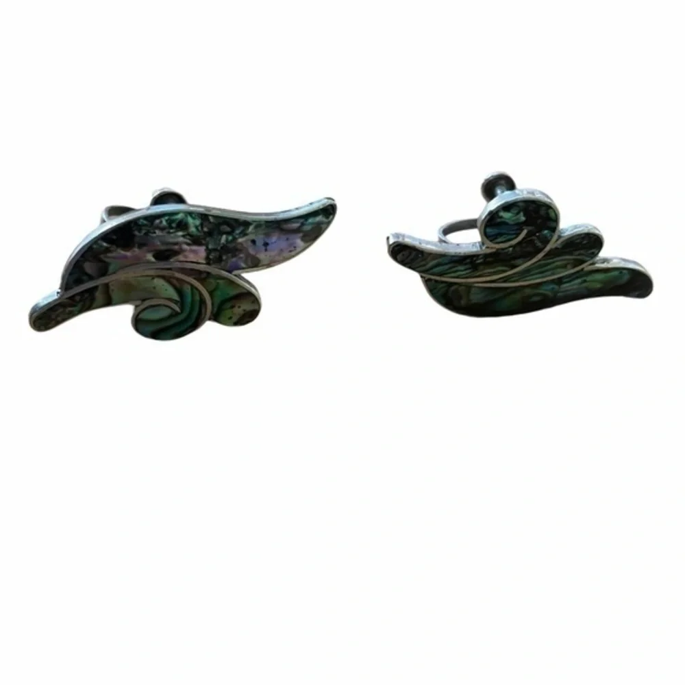 Vintage Taxco 925 Silver Abalone Shell Leaf Brooch Earrings Matching Jewelry Set